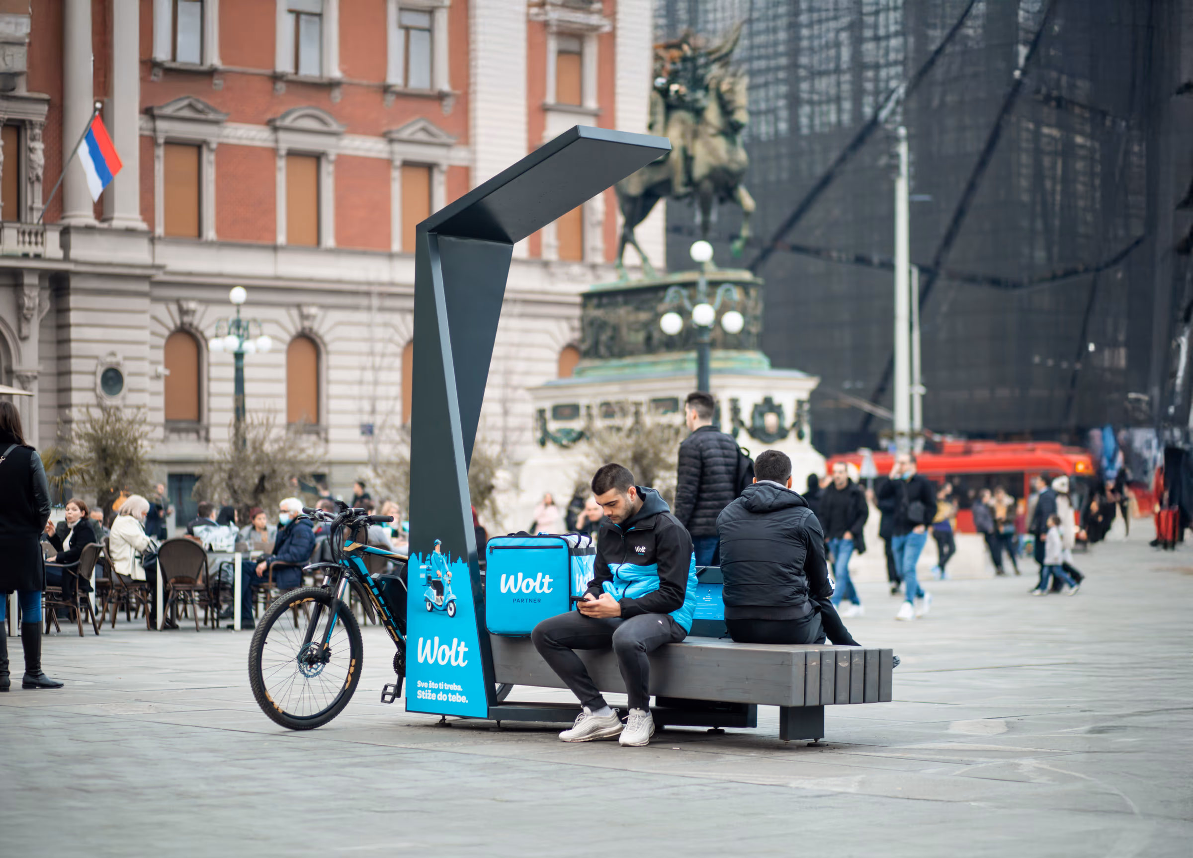 Smart solar bench in a public city square